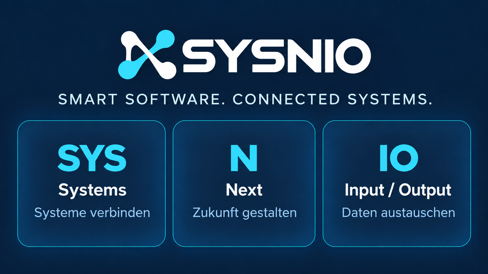 SYSNIO: Smart Software. Connected Systems. SYS bedeutet Systems – Systeme verbinden; N bedeutet Next – Zukunft gestalten; IO bedeutet Input/Output – Daten austauschen.